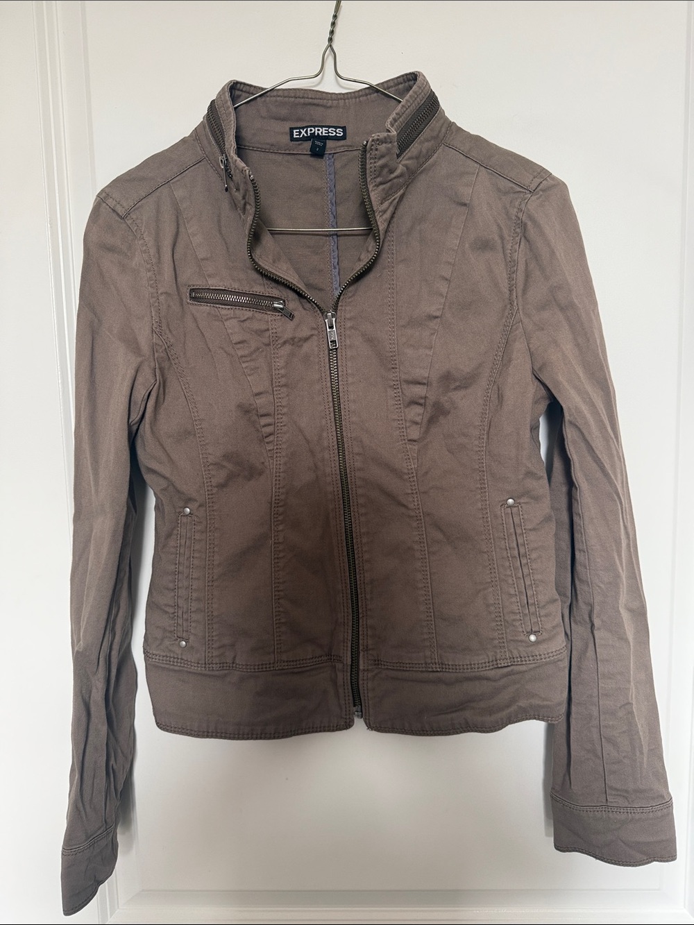 Express Womens Taupe Brown Zip Front Moto Jacket Stand Collar Size 2